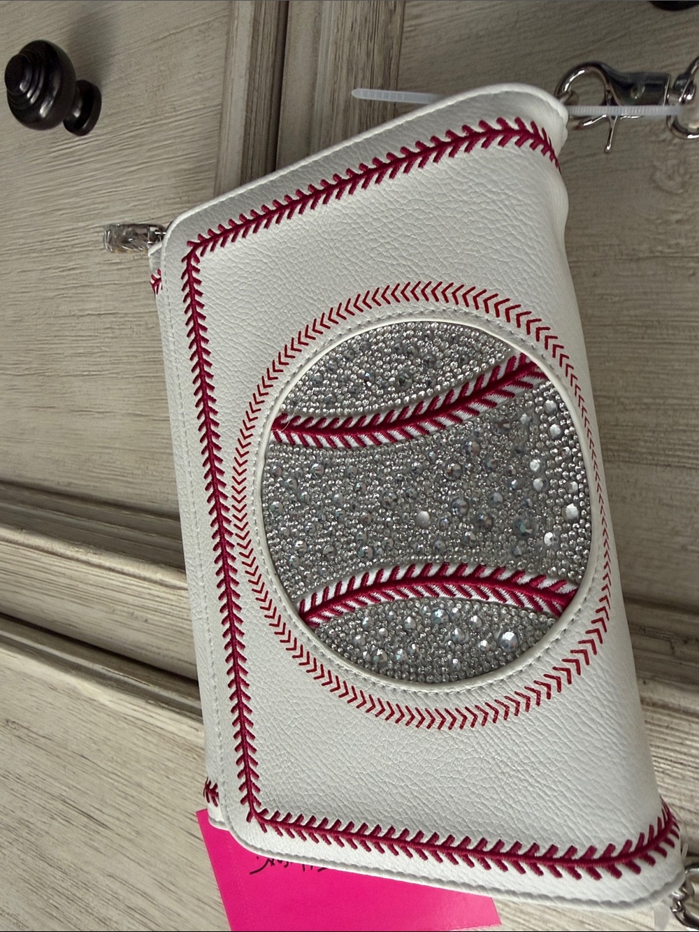 Betsey Johnson White and Red Baseball-Stitch Crossbody Bag - Picture 2 of 4